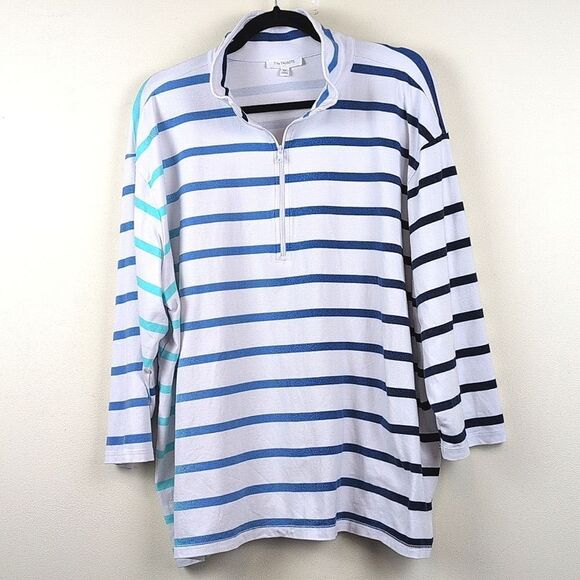 T By Talbots 3/4 Sleeve 1/2 Zip Pullover Plus Size Top In Tropic Stripe Size 3X - Picture 9 of 10